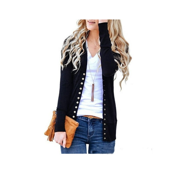 Lady Women Low Cut V-Neck Long Sleeve Knit Snap Button Down Cardigan Sweater Top
